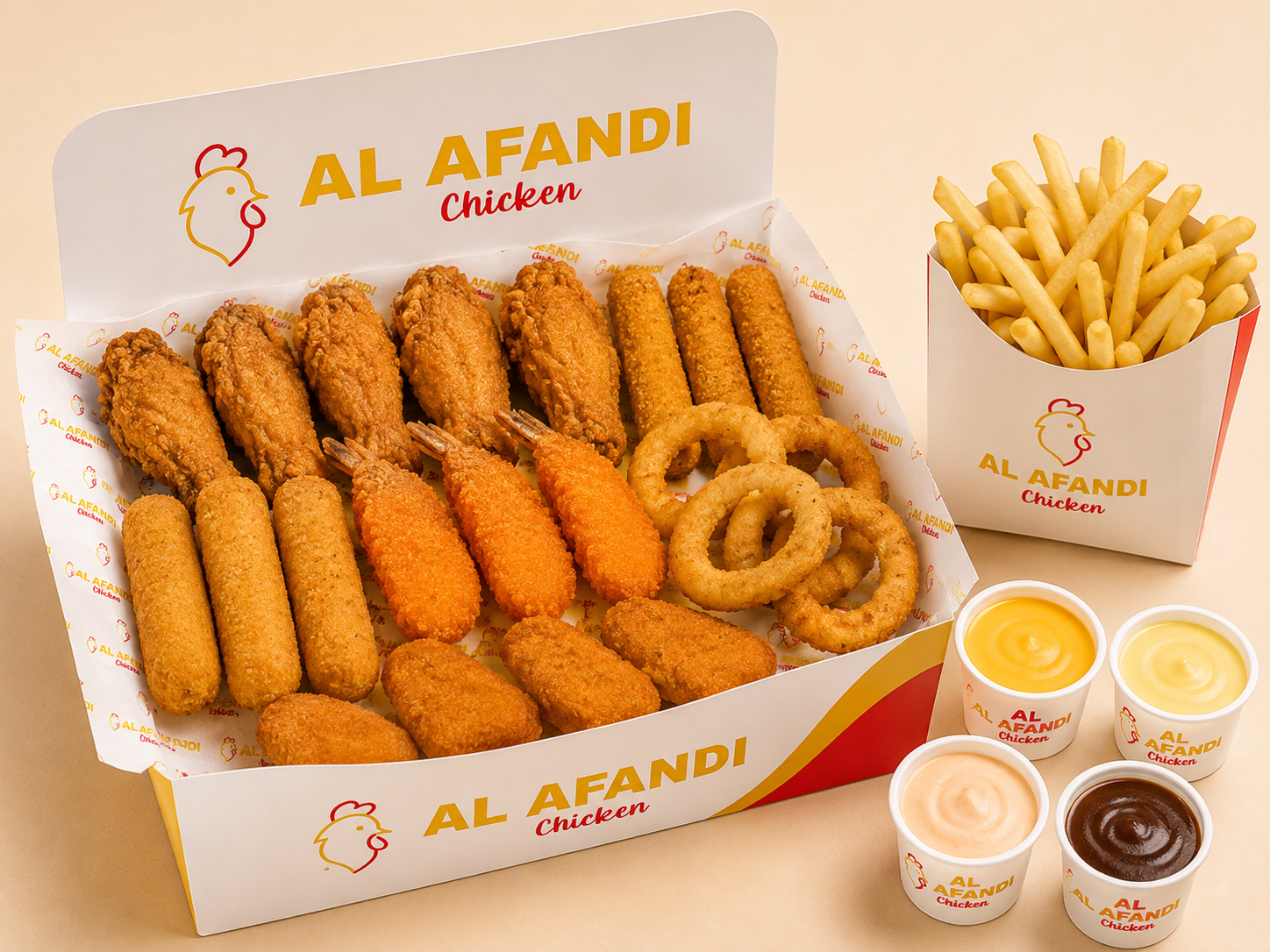 DALE3 JOUAAK (full portion) 4 Cripsy, 4 Jalepeno Bites, 4 Halloumi Stickes, 4 Shrimps, 4 Mozzarella Stickes, Fries, Sauces (Honey, Barbecue, Cocktail, Cheddar)
