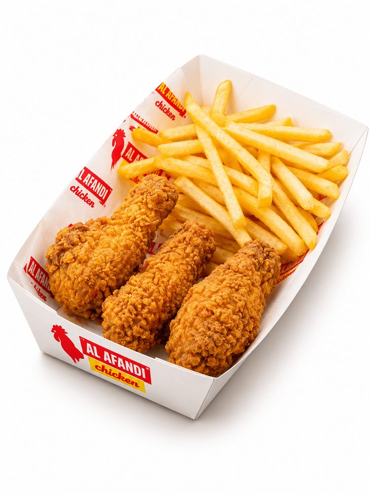 Afandi Kids meal box with crispy chicken tenders, kids fries and a drink
